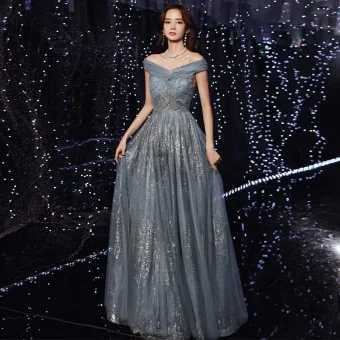 Charming Ocean Blue Evening Dresses 2021 A Line Princess Off The Shoulder Glitter Sequins Sleeveless Backless Floor Length Long Evening Party Formal Dresses