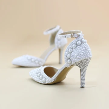 Mooie Prachtige Witte Bruidsschoenen 2019 Parel Enkelband Rhinestone 8 Cm Naaldhakken Stiletto Spitse Neus Huwelijk Hoge Hakken