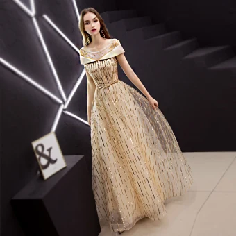 Modern Fashion Gold Evening Dresses 2019 A Line Princess Scoop Neck Beading Sequins Short Sleeve Backless Metal Sash Floor Length Long Formal Dresses