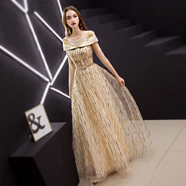 Modern / Fashion Gold Evening Dresses 2019 A-Line / Princess Scoop Neck Beading Sequins Short Sleeve Backless Metal Sash Floor-Length / Long Formal Dresses