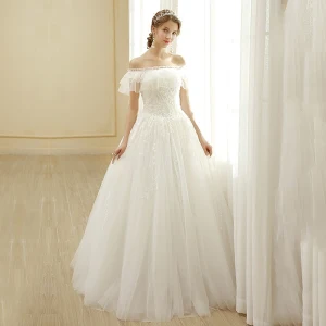 Affordable Ivory Wedding Dresses 2019 A Line Princess Off The Shoulder Lace Flower Short Sleeve Backless Floor Length Long