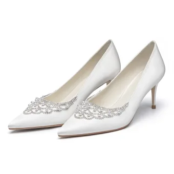 Élégant Ivoire Perle Faux Diamant Chaussure De Mariée 2021 Cuir Satin 7 Cm Talons Aiguilles À Bout Pointu Mariage Escarpins Talons Hauts