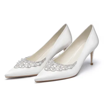 Eleganta Elfenben Pärla Rhinestone Brudskor 2021 Läder Satin 7 Cm Stilettklackar Spetsiga Bröllop Pumps Högklackade