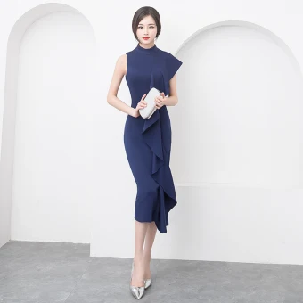 Moderne Mode Simple Bleu Marine Robe De Soirée 2019 Trompette Sirène Encolure Dégagée Sans Manches Thé Longueur Robe De Ceremonie
