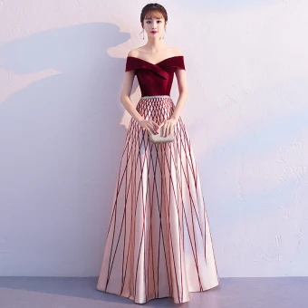 Chic Belle Bordeaux Robe De Soirée 2019 Princesse De L Épaule Daim Manches Courtes Dos Nu Rayé Longue Robe De Ceremonie