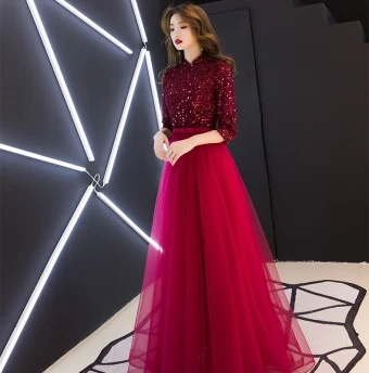 Style Chinois Bordeaux Robe De Soirée 2019 Princesse Col Haut Gland Paillettes Noeud 1 2 Manches Longue Robe De Ceremonie