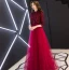 Chinese style Burgundy Evening Dresses  2019 A-Line / Princess High Neck Tassel Sequins Bow 1/2 Sleeves Floor-Length / Long Formal Dresses