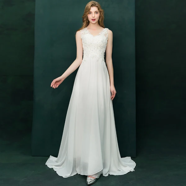 Moderne / Mode Ivoire Robe De Soirée 2019 Princesse V-Cou Appliques En Dentelle Paillettes Sans Manches Dos Nu Train De Balayage Robe De Ceremonie