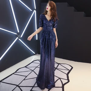 Sparkly Navy Blue Sequins Evening Dresses 2019 A Line Princess V Neck Short Sleeve Backless Floor Length Long Formal Dresses