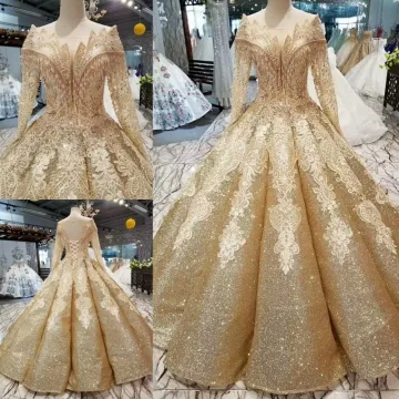 Luxury Gorgeous Gold Wedding Dresses 2019 Ball Gown Glitter Tulle Scoop Neck Beading Crystal Tassel Lace Flower Long Sleeve Backless Royal Train