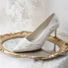 Elegantes Blanco Perla Satén Zapatos de novia 2021 Cuero 7 cm Stilettos / Tacones De Aguja Punta Estrecha Boda Tacones High Heels