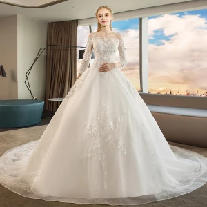 Chic Beautiful Ivory Wedding Dresses 2019 A Line Princess Off The Shoulder Lace Flower Appliques 3 4 Sleeve Backless Chapel Train