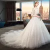 Modest / Simple White Wedding Dresses 2019 A-Line / Princess Scoop Neck See-through Lace Flower 3/4 Sleeve Backless Cathedral Train