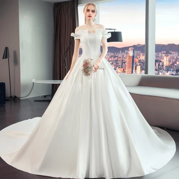 Élégant Simple Ivoire Robe De Mariée 2019 Princesse De L Épaule Manches Courtes Dos Nu Cathedral Train