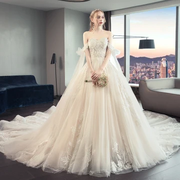 Chic Belle Champagne Robe De Mariée 2019 Princesse Bustier Perlage En Dentelle Fleur Sans Manches Dos Nu Noeud Royal Train