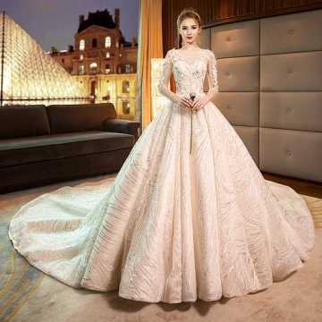 Luxury Gorgeous Champagne Wedding Dresses 2019 A Line Princess Scoop Neck Lace Flower Appliques 3 4 Sleeve Backless Glitter Tulle Royal Train