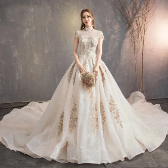 Vintage Retro Chinese Style Champagne Wedding Dresses 2019 A Line Princess High Neck Lace Flower Cap Sleeves Backless Royal Train