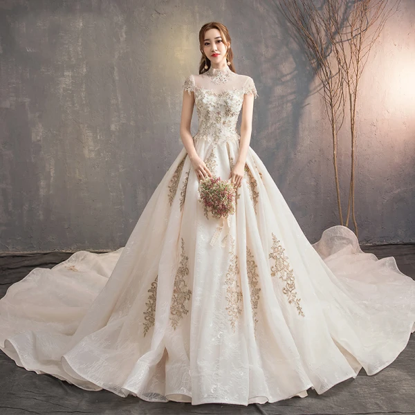 Vintage / Retro Chinese style Champagne Wedding Dresses 2019 A-Line / Princess High Neck Lace Flower Cap Sleeves Backless Royal Train