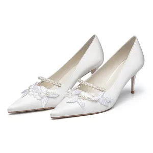 Elegant Ivory Pearl Wedding Shoes 2021 Leather 7 Cm Stiletto Heels Pointed Toe Wedding Pumps High Heels