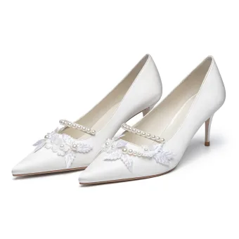 Élégant Ivoire Perle Chaussure De Mariée 2021 Cuir 7 Cm Talons Aiguilles À Bout Pointu Mariage Escarpins Talons Hauts