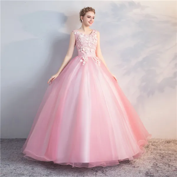 Elegant Candy Pink Quinceañera Prom Dresses 2018 Ball Gown Appliques Pearl Scoop Neck Backless Sleeveless Floor-Length / Long Formal Dresses