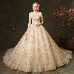 Élégant Champagne Robe De Mariée 2019 Princesse De L Épaule Glitter Brodé Manches Courtes Dos Nu Royal Train