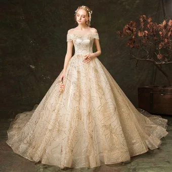 Elegant Champagne Wedding Dresses 2019 A Line Princess Off The Shoulder Glitter Embroidered Short Sleeve Backless Royal Train