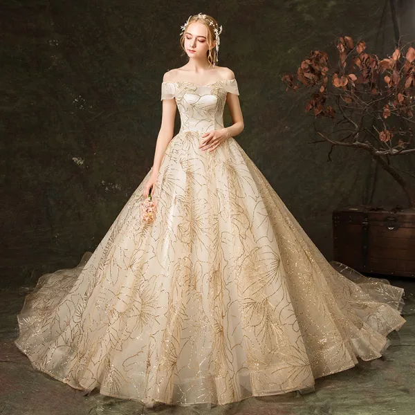 Elegant Champagne Wedding Dresses 2019 A-Line / Princess Off-The ...
