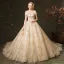 Elegant Champagne Wedding Dresses 2019 A-Line / Princess Off-The-Shoulder Glitter Embroidered Short Sleeve Backless Royal Train