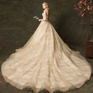 Scintillantes Champagne Robe De Mariée 2019 Princesse Encolure Carrée Glitter Brodé 3 4 Manches Dos Nu Royal Train