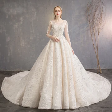 Élégant Champagne Robe De Mariée 2019 Princesse Encolure Dégagée Appliques En Dentelle Fleur Paillettes 3 4 Manches Dos Nu Royal Train