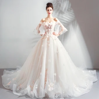Charming Champagne Wedding Dresses 2019 A Line Princess Off The Shoulder Appliques Embroidered Pearl 3 4 Sleeve Backless Cathedral Train
