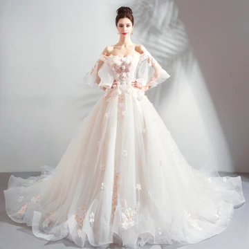 Charming Champagne Wedding Dresses 2019 A Line Princess Off The Shoulder Appliques Embroidered Pearl 3 4 Sleeve Backless Cathedral Train