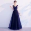 Chic / Beautiful Navy Blue Evening Dresses  2019 A-Line / Princess V-Neck Beading Lace Flower Bow Sleeveless Backless Floor-Length / Long Formal Dresses