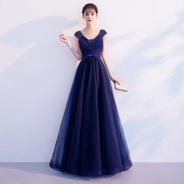 Chic / Beautiful Navy Blue Evening Dresses  2019 A-Line / Princess V-Neck Beading Lace Flower Bow Sleeveless Backless Floor-Length / Long Formal Dresses