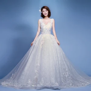 Elegant Ivory Wedding Dresses 2019 A Line Princess Scoop Neck Appliques Pearl Lace Flower Sleeveless Backless Cathedral Train