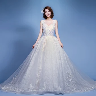 Elegant Ivory Wedding Dresses 2019 A Line Princess Scoop Neck Appliques Pearl Lace Flower Sleeveless Backless Cathedral Train