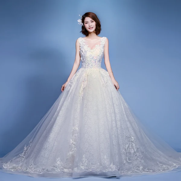 Élégant Ivoire Robe De Mariée 2019 Princesse Encolure Dégagée Appliques Perle En Dentelle Fleur Sans Manches Dos Nu Cathedral Train