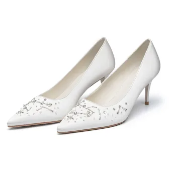 Chic Beautiful Ivory Satin Rhinestone Wedding Shoes 2021 Leather 7 Cm Stiletto Heels Pointed Toe Wedding Pumps High Heels