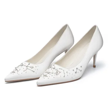 Chic Beautiful Ivory Satin Rhinestone Wedding Shoes 2021 Leather 7 Cm Stiletto Heels Pointed Toe Wedding Pumps High Heels