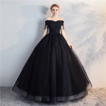 Rimelig Svart Puffy Quinceañera Ballkjoler 2018 Ballkjole Blonder Blomst Beading Perle Dusk Av Skulderen Ryggløse Korte Ermer Lange