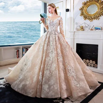 Luxury Gorgeous Champagne Handmade Beading Wedding Dresses 2019 A Line Princess Scoop Neck Appliques Lace Crystal 3 4 Sleeve Backless Royal Train
