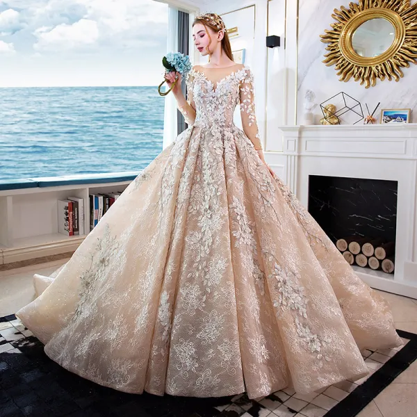 Luxury / Gorgeous Champagne Handmade  Beading Wedding Dresses 2019 A-Line / Princess Scoop Neck Appliques Lace Crystal 3/4 Sleeve Backless Royal Train
