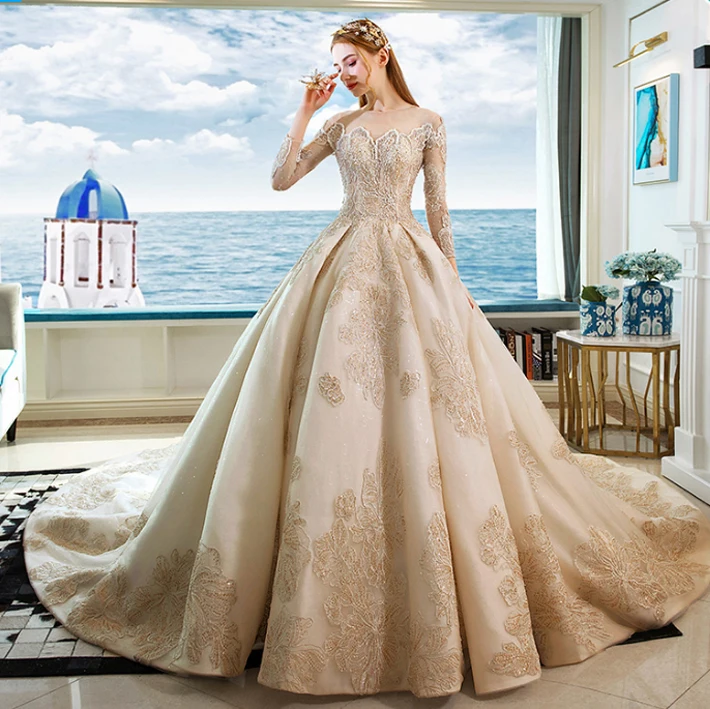 Luxury Gorgeous Champagne Wedding Dresses 2019 Ball Gown Scoop Neck Lace  Flower Sequins 3 4 Sleeve Royal Train