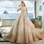 Luxe Champagne Robe De Mariée 2019 Robe Boule Encolure Dégagée En Dentelle Fleur Paillettes 3/4 Manches Royal Train