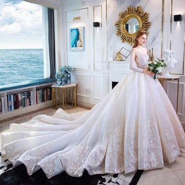 Élégant Ivoire Robe De Mariée 2019 Princesse Encolure Dégagée En Dentelle Fleur 3 4 Manches Dos Nu Cathedral Train