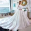 Audrey Hepburn-stijl Champagne Trouwjurken 2019 A lijn Ronde Hals Kant Bloem Pailletten 3/4 Mouwen Ruglooze Cathedral Train