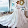 Audrey Hepburn Style Champagne Wedding Dresses 2019 A-Line / Princess Scoop Neck Lace Flower Sequins 3/4 Sleeve Backless Cathedral Train