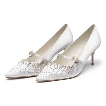 Eleganckie Białe Ślub Rhinestone Satyna Buty Ślubne 2021 7 Cm Szpilki Szpiczaste Czółenka Wysokie Obcasy