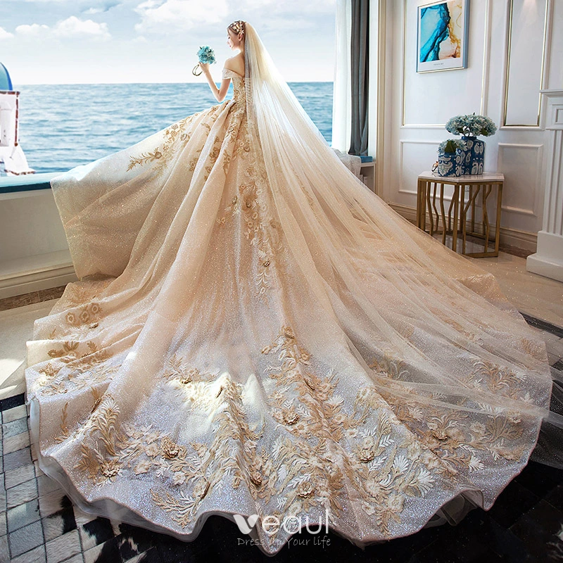 Luxury / Gorgeous Gold Wedding Dresses 2019 Ball Gown Square Neckline  Glitter Tulle Beading Sequins Crystal 3/4 Sleeve Backless Royal Train